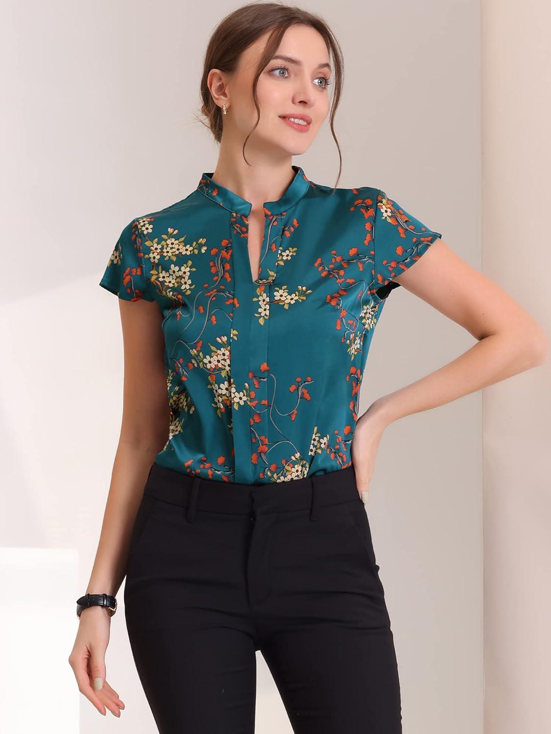 imageAllegra K Satin Work Blouses for Womens Floral Vintage Cap Sleeve Business Casual BlouseNavy Blue