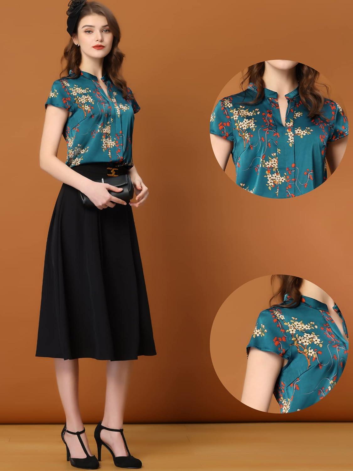 imageAllegra K Satin Work Blouses for Womens Floral Vintage Cap Sleeve Business Casual BlouseNavy Blue