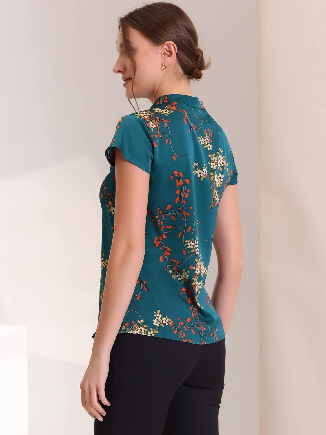 imageAllegra K Satin Work Blouses for Womens Floral Vintage Cap Sleeve Business Casual BlouseNavy Blue