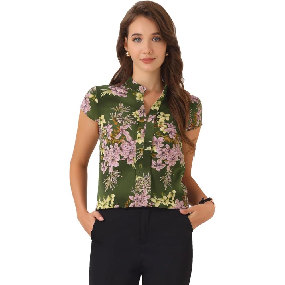imageAllegra K Satin Work Blouses for Womens Floral Vintage Cap Sleeve Business Casual BlouseDark Green