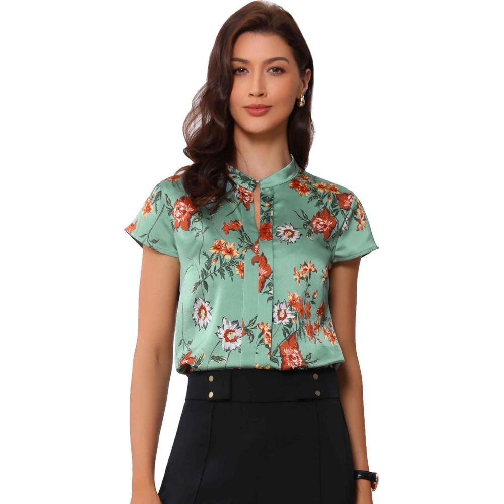 imageAllegra K Satin Work Blouses for Womens Floral Vintage Cap Sleeve Business Casual BlouseGray Green