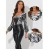 imageAllegra K Halloween Metallic Blouse for Womens Sparkly Party Shiny Bishop Sleeve Glitter TopsDark Silver