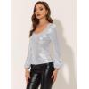 imageAllegra K Halloween Metallic Blouse for Womens Sparkly Party Shiny Bishop Sleeve Glitter TopsSilver