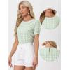 imageAllegra K Vintage Gingham Top for Womens Puff Short Sleeve Crew Neck Casual Check ShirtLight Green