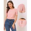 imageAllegra K Vintage Gingham Top for Womens Puff Short Sleeve Crew Neck Casual Check ShirtPeach Pink
