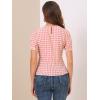 imageAllegra K Vintage Gingham Top for Womens Puff Short Sleeve Crew Neck Casual Check ShirtPeach Pink