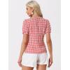 imageAllegra K Vintage Gingham Top for Womens Puff Short Sleeve Crew Neck Casual Check ShirtRed