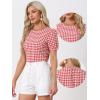 imageAllegra K Vintage Gingham Top for Womens Puff Short Sleeve Crew Neck Casual Check ShirtRed