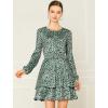 imageAllegra K Womens Leopard Print Round Neck Smock Waist Long Sleeve Ruffle Mini DressGreen