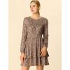 imageAllegra K Womens Leopard Print Round Neck Smock Waist Long Sleeve Ruffle Mini DressLight Brown