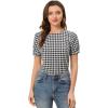 imageAllegra K Vintage Gingham Top for Womens Puff Short Sleeve Crew Neck Casual Check ShirtBlack