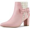 imageAllegra K Womens Tweed Plaid Heels Boot Bow Block Heels Ankle BootsPink