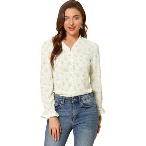 imageAllegra K Ditsy Floral Blouse for Womens Lace Trim V Neck Chiffon Elegant TopBeige
