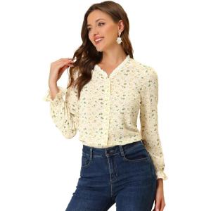 imageAllegra K Ditsy Floral Blouse for Womens Lace Trim V Neck Chiffon Elegant TopCream