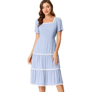 imageAllegra K Midi Dress for Womens Short Sleeve Tiered Square Neck Long DressesBlue