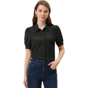 imageAllegra K Smocked Blouse for Womens Point Collar Puff Sleeve Vintage Peasant TopBlack