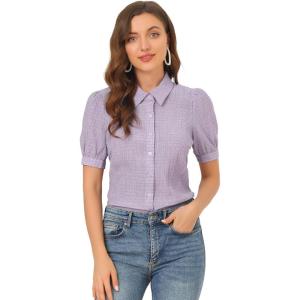 imageAllegra K Smocked Blouse for Womens Point Collar Puff Sleeve Vintage Peasant TopPurple