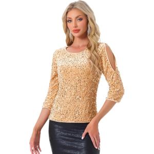 imageAllegra K Sparkle Sequin Velvet Tops for Womens Cut Out Half Sleeve Party Club Holiday BlouseGold