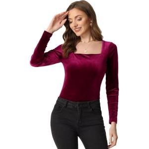 imageAllegra K Velvet Top for Womens Square Neck Long Sleeves Solid Casual TShirt BlouseBurgundy