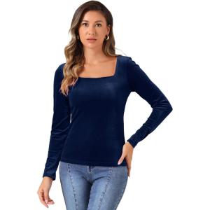 imageAllegra K Velvet Top for Womens Square Neck Long Sleeves Solid Casual TShirt BlouseDark Blue