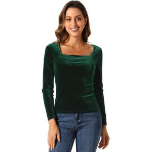 imageAllegra K Velvet Top for Womens Square Neck Long Sleeves Solid Casual TShirt BlouseDark Green
