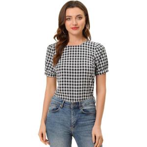 imageAllegra K Vintage Gingham Top for Womens Puff Short Sleeve Crew Neck Casual Check ShirtBlack