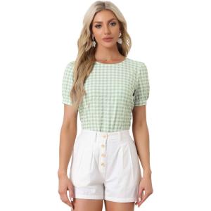 imageAllegra K Vintage Gingham Top for Womens Puff Short Sleeve Crew Neck Casual Check ShirtLight Green