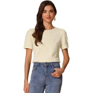 imageAllegra K Vintage Gingham Top for Womens Puff Short Sleeve Crew Neck Casual Check ShirtPale Yellow