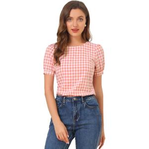 imageAllegra K Vintage Gingham Top for Womens Puff Short Sleeve Crew Neck Casual Check ShirtWatermelon Pink