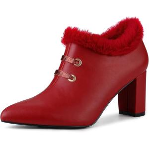 imageAllegra K Womens Block Heels Pointed Toe Faux Fur Red Ankle Booties 7 M US