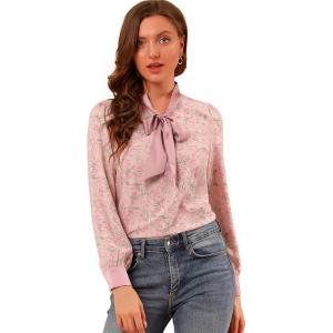 imageAllegra K Womens Bow Tie Long Sleeve Office Ladies Tops Floral Chiffon BlousePink