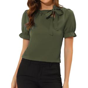 imageAllegra K Womens Bow Tie Neck Tops Elegant Office Short Sleeve BlouseArmy Green