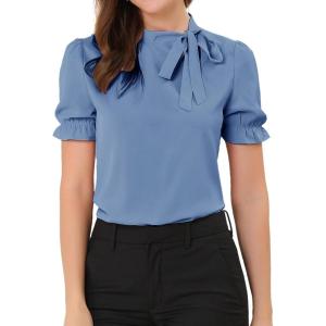 imageAllegra K Womens Bow Tie Neck Tops Elegant Office Short Sleeve BlouseBlue