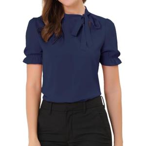 imageAllegra K Womens Bow Tie Neck Tops Elegant Office Short Sleeve BlouseDark Blue