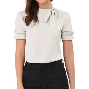 imageAllegra K Womens Bow Tie Neck Tops Elegant Office Short Sleeve BlouseLight Beige