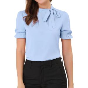 imageAllegra K Womens Bow Tie Neck Tops Elegant Office Short Sleeve BlouseLight Blue