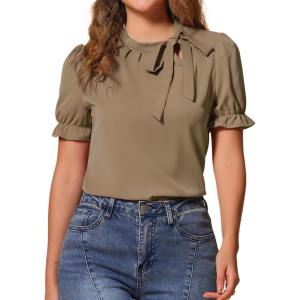 imageAllegra K Womens Bow Tie Neck Tops Elegant Office Short Sleeve BlouseLight Brown