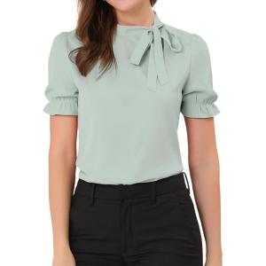 imageAllegra K Womens Bow Tie Neck Tops Elegant Office Short Sleeve BlouseLight Green
