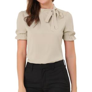 imageAllegra K Womens Bow Tie Neck Tops Elegant Office Short Sleeve BlouseLight Khaki
