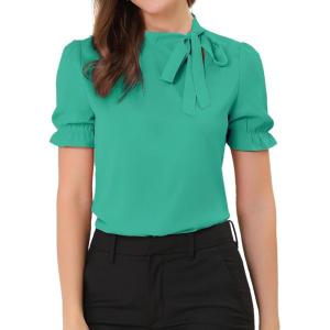 imageAllegra K Womens Bow Tie Neck Tops Elegant Office Short Sleeve BlouseMarrs Green