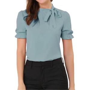 imageAllegra K Womens Bow Tie Neck Tops Elegant Office Short Sleeve BlouseMint Blue