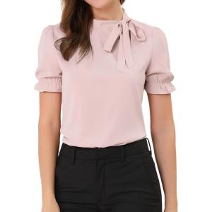 imageAllegra K Womens Bow Tie Neck Tops Elegant Office Short Sleeve BlousePink