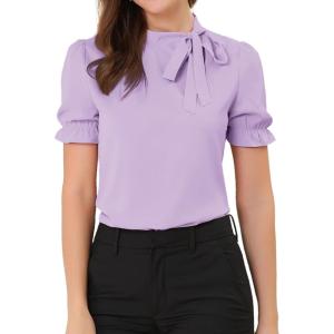imageAllegra K Womens Bow Tie Neck Tops Elegant Office Short Sleeve BlousePurple