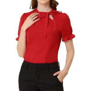 imageAllegra K Womens Bow Tie Neck Tops Elegant Office Short Sleeve BlouseRed