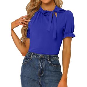 imageAllegra K Womens Bow Tie Neck Tops Elegant Office Short Sleeve BlouseRoyal Blue