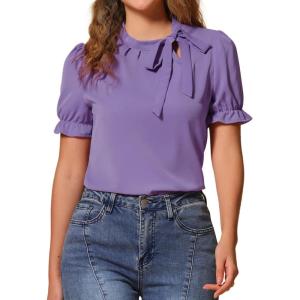 imageAllegra K Womens Bow Tie Neck Tops Elegant Office Short Sleeve BlouseViolet