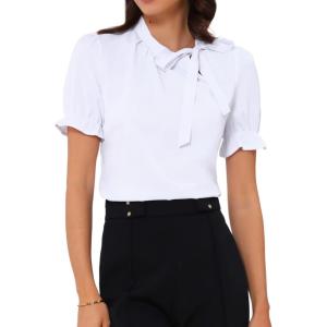 imageAllegra K Womens Bow Tie Neck Tops Elegant Office Short Sleeve BlouseWhite 1
