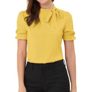 imageAllegra K Womens Bow Tie Neck Tops Elegant Office Short Sleeve BlouseYellow