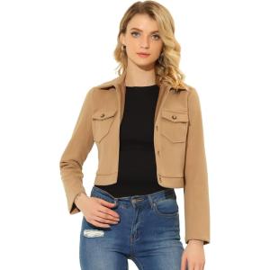 imageAllegra K Womens Button Front Long Sleeve Crop Jacket CoatKhaki