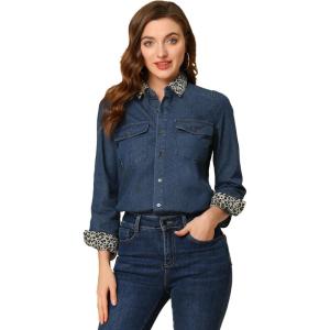 imageAllegra K Womens Button Up Jean Shirt Long Sleeve Leopard Denim JacketBlue